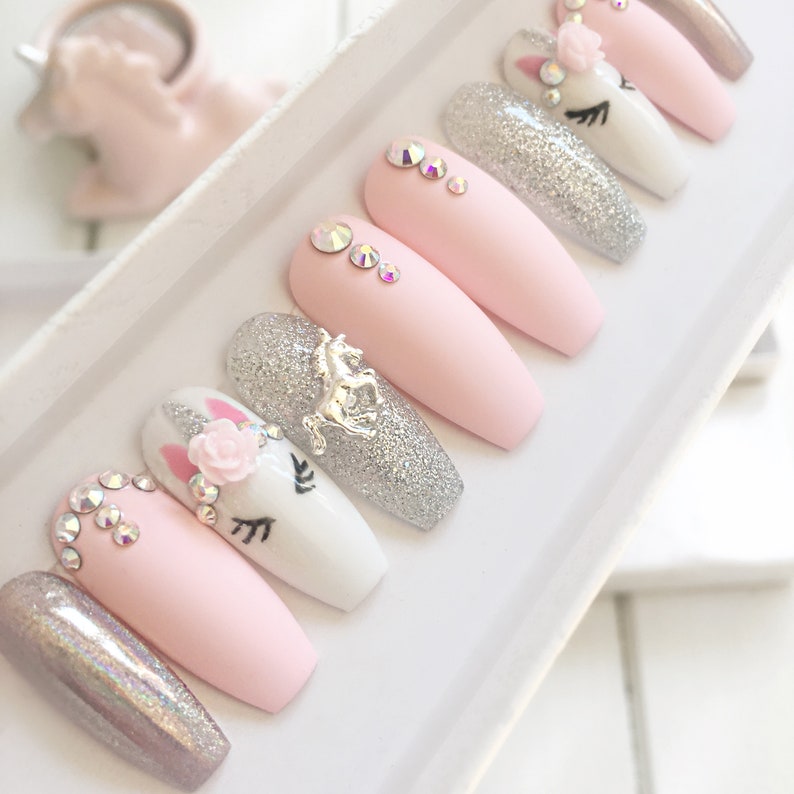 Pink unicorn press on nails  stiletto nails  short coffin  image 3