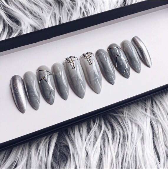 Gray Marble Press On Nails Swarovski Nails Coffin Nails Etsy