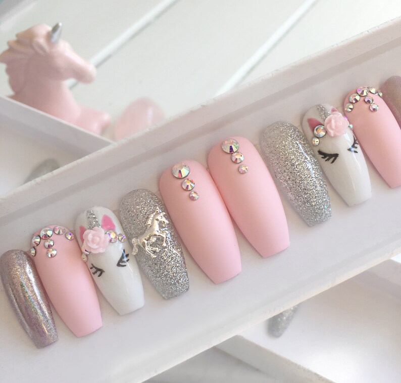 Pink unicorn press on nails  stiletto nails  short coffin  image 1