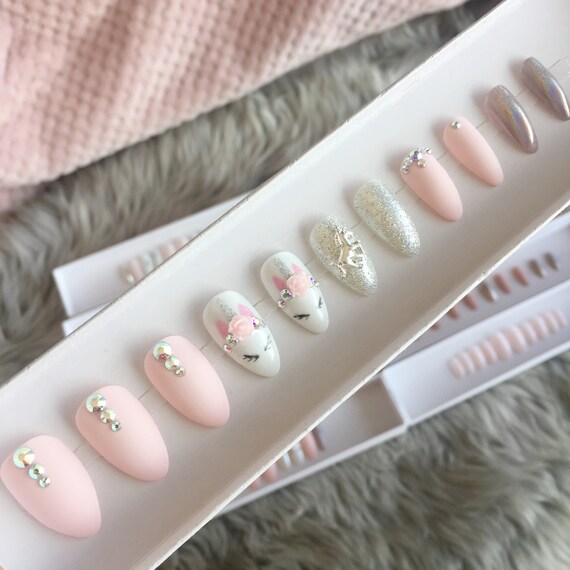 Pink unicorn, press on nails, stiletto nails, short coffin Fake nails Acrylic nails \u2022gel nails holographic