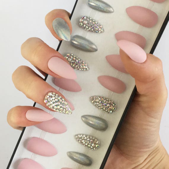 Pink press on nails Swarovski crystals stiletto nails | Etsy