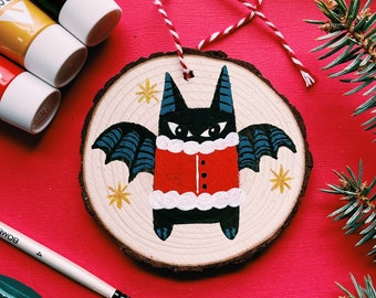 Santa Bat Hand Painted Christmas Ornament
