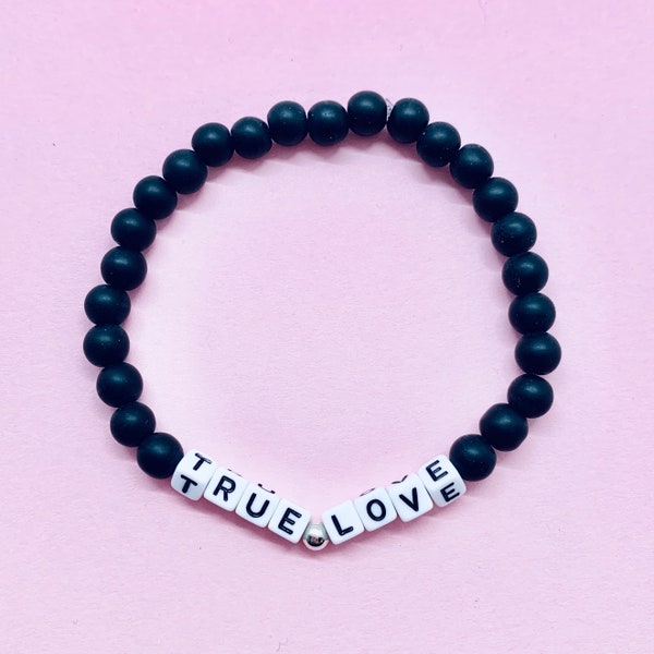 True Love Black Onyx Bracelet Silver Letter Beads Self Care Gift Elastic Stretch Valentine's Day Word