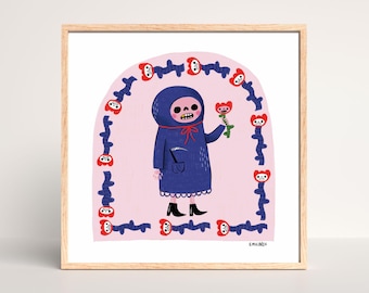 May include: A digital illustration of a skeleton wearing a blue hooded robe and holding a red flower. The skeleton is surrounded by a pink background with a border of red flowers and skulls.