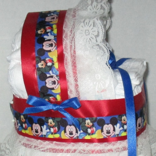 Mickey Mouse Mini Bassinet Diaper Cake Baby Shower Gift Centerpiece Red & blue