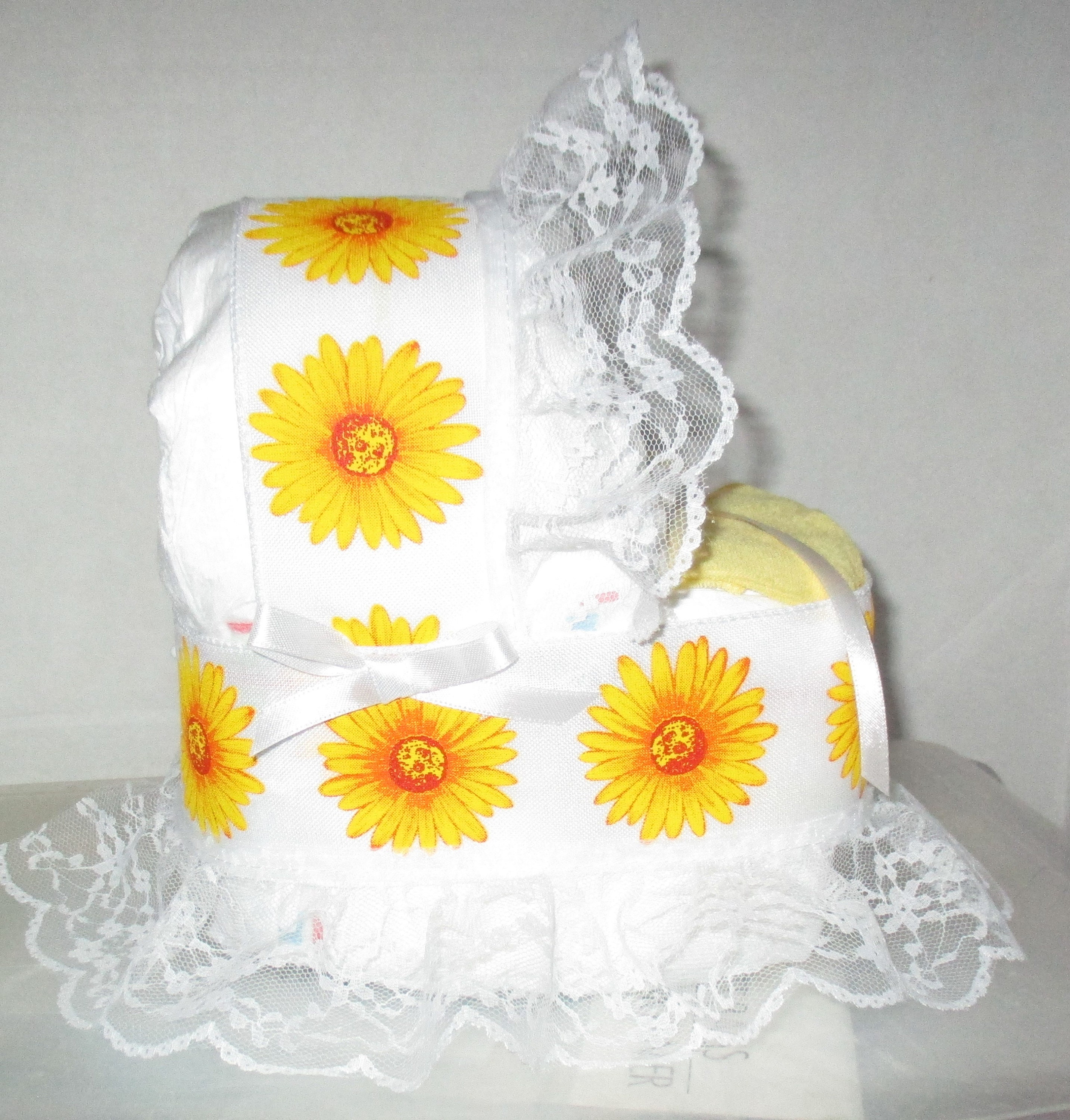 Sunflower White Mini Bassinet Diaper Cake Baby Shower Gift Centerpiece