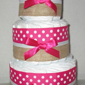 Dark Pink White & Burlap 3 Tier Diaper Cake Baby Shower