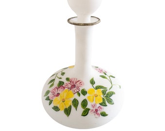 Vintage White Satin Glass Decanter of Soap Dispenser with Hand Painted Flowers