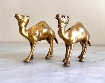 Pair of Brass Single-Hump Camels, Golden Christmas Ornaments/Decor, Midcentury Study Shelf Display