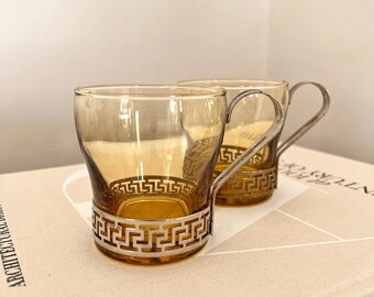 Pair of Libbey Hot Toddy Glasses, Amber Yellow Cappuccino Glasses, Vintage Greek Key Design, 70's Kitchen Decor