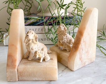 Vintage Alabaster Stone Bookends, Book ends for Heavy Books, Minimalist Bookends, Unique Cute English Dog Bookends, Art Deco Library Decor