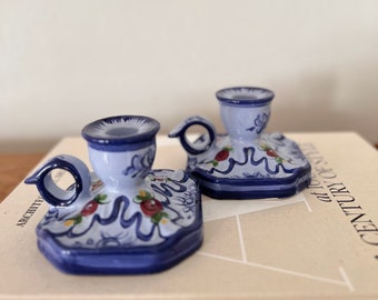 Vintage Blue Candlestick holders, Vestal Alcobaca Portugal Hand Painted Candle Holder, Chamber Style, Pair Signed