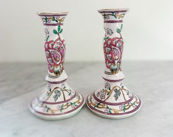 Vintage Tall Soft Pink Red & Green Candlestick Holders in Chinoiserie Style with Decorated Floral details for Spring / Summer Decor