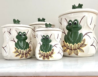 1970s Neil the frog canister set, Frog Canisters, Vintage Storage, Kitsch Kitchen Decor, Handmade & Handpainted Kimple Mold Corp