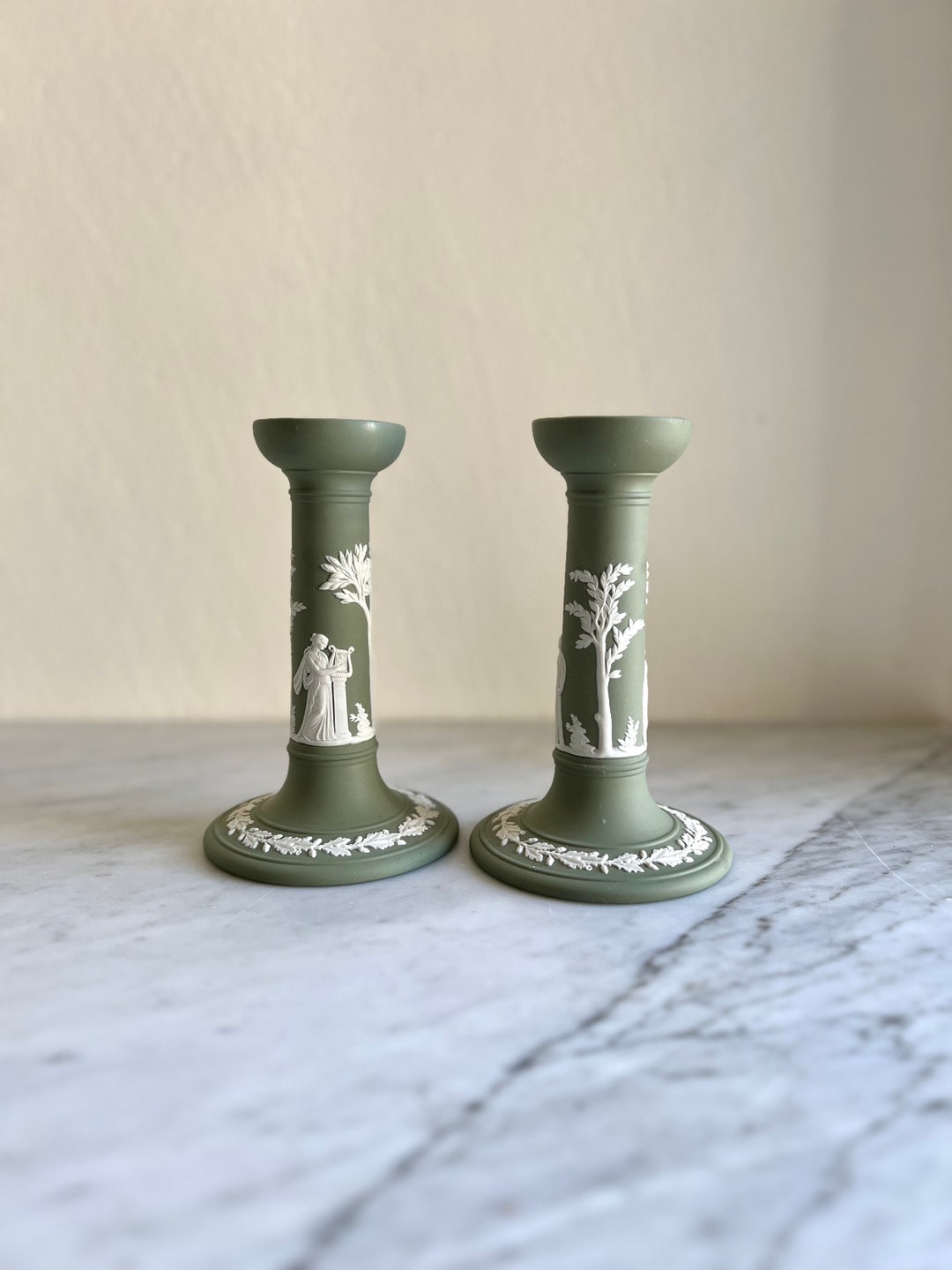 Wedgwood Jasperware Candle Holders, Vintage Sage Green Candleholders
