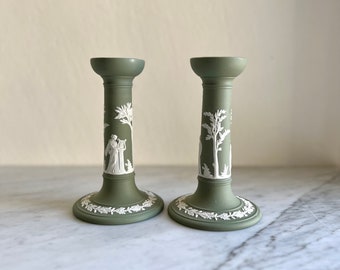 Wedgwood Jasperware Candle holders, Vintage Sage Green Candleholders, 1960s English Candlestick holders, Christmas Decor, Housewarming Gift