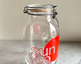 Vintage MCM Typography Sun Tea Storage Canister, 3 Liter Glass Canning Jar by Triomphe Glass with Hermetic Seal Flip Top Metal Wire Bale