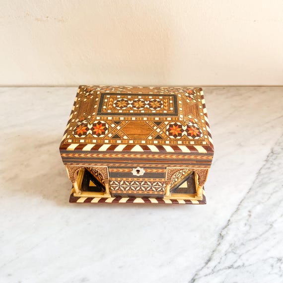 Vintage Inlaid Wooden Marquetry Jewelry Box with … - image 4