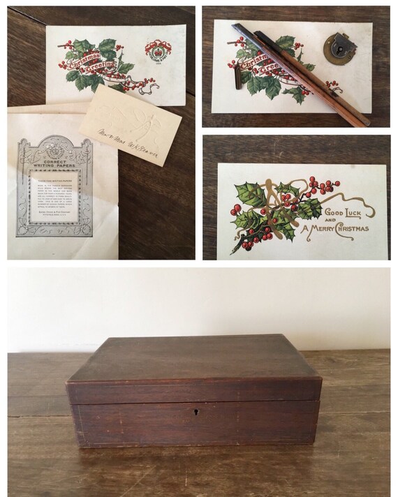 Antique Lap Writing Desk Slope Travel With Stationery Eaton Papers Envelopes Xmas Card Dip Pens Lock