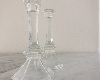 Vintage Crystal Candlestick Holders in Clear Pressed Glass (Pair)