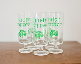 5 Vintage Irish coffee Glasses with Green Shamrock and Cocktail Drink Mix Guide