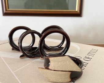 Vintage Two Tone Napkin Holders, Brown Napkin Rings, Set of Five, Neutral Spring Decor