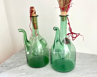 Vintage Italian Green Glass Wine Decanter with Ice Chamber, Princess House Wine Jug Handblown, Holiday Vintage Barware, Xmas Tableware