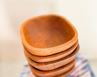 5 Vintage GoodWood Teak Bowls, Small Rounded Square Wooden Bowls, Individual Salad Bowl, Rice Bowl, Dry Snacks Bowls