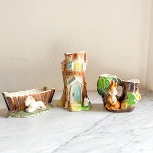 Set of 3 Hornsea Fauna Planters – Pony with Trough No. 110, Rabbit Under Tree No. 25, Treehouse Squirrel E902 – Vintage MCM English Pottery