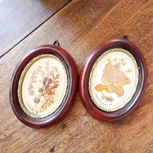 Vintage Pressed Flower Art Set: Oval Wood Frames, Cottagecore Botanical Prints