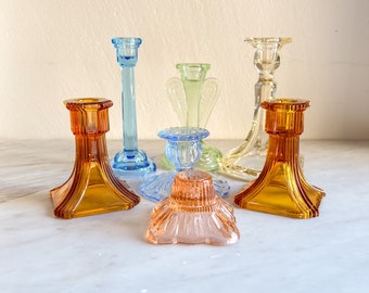 Vintage Candle Holders in Multiple Styles. Vintage Glass Candlestick Holders. Art Deco Taper Candleholders . Depression Glass Candle Holders