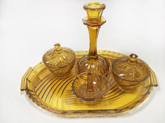 Vintage Art Deco Dresser Set Amber Cut Glass Vanity Tray Set Etsy