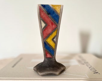 South African Vase, Retro Abstract Design 7” , Mid Century Mosaic Stone Glazed Vase, Triangular Vintage Vase, Cute Primary Color Bud Vase