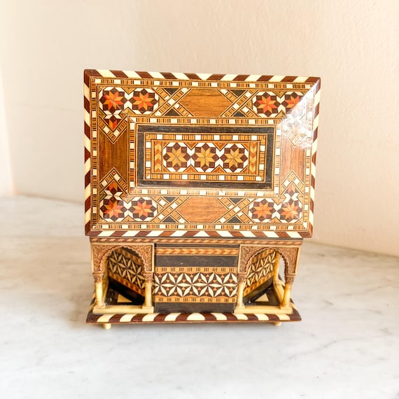 Vintage Inlaid Wooden Marquetry Jewelry Box with … - image 7