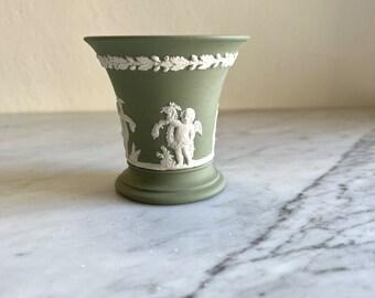 Wedgwood Green Jasperware short vase, Small vintage flower pot, Green Jasperware Wedgwood, Green & White Posy Pot, Made in England