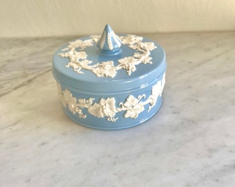 Wedgwood Blue Jasperware Round Dresser Box, Blue Trinket Dish with Gloss Finish, Made in England, Blue & White Decor, Daughter Gift for Her