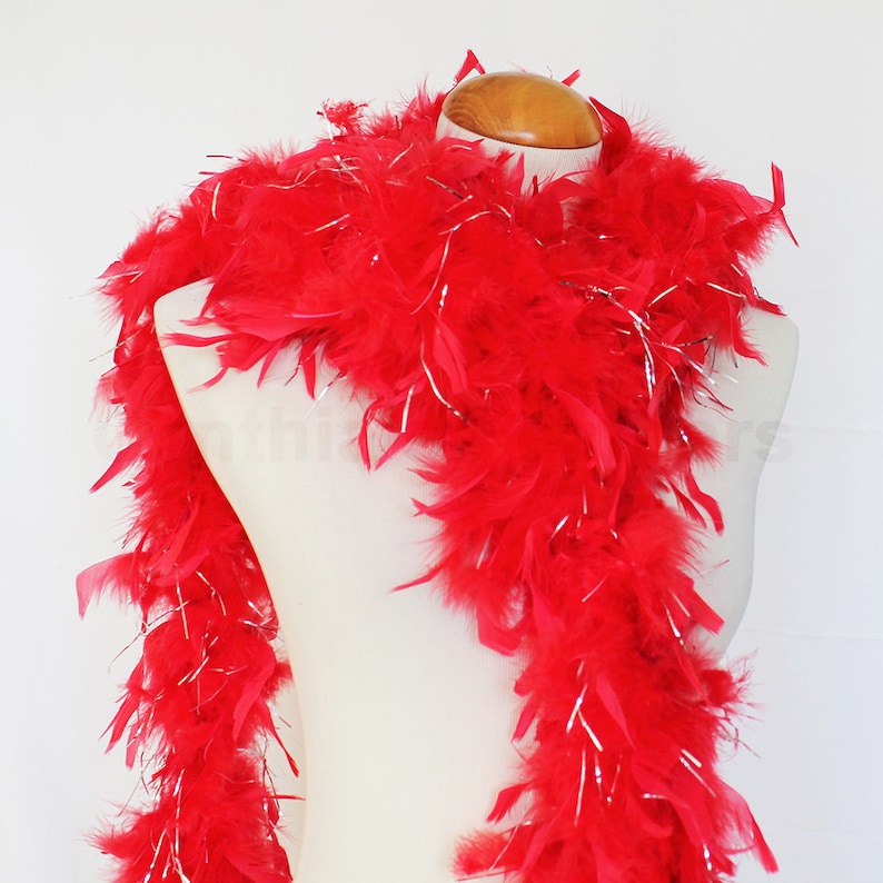 5I41 Red w Silver tinsel 65 Gram Chandelle Feather Boa 6 Feet Long Dancing Wedding Crafting Party Dress Up Halloween Costume Decoration