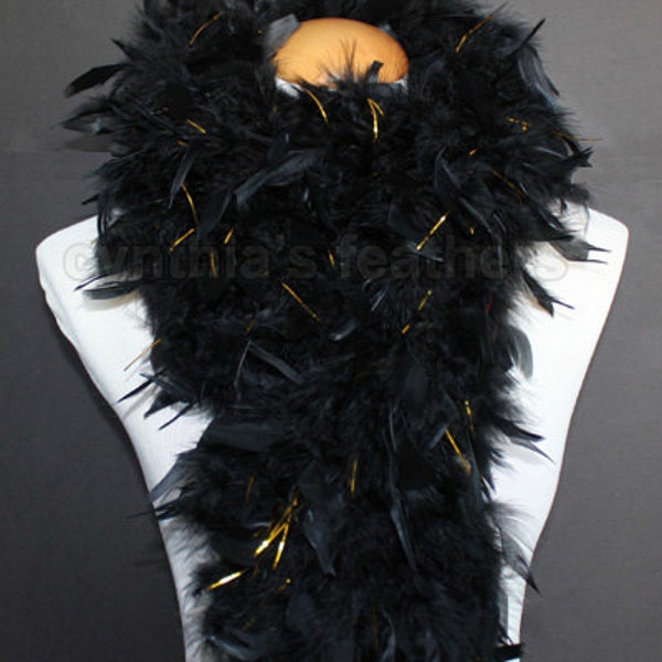 Black w/ Gold Tinsels 80 Gram Chandelle Feather Boa 6 Feet Long Dancing Crafting Party Dress Up Halloween Costume Decoration SKU: 4K31