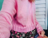 Oversized slouch crop knit woman teen sweater. Pink slouchy cropped top. Off shoulder knit sweater.