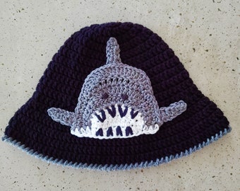 Crochet toddler teen young adult bucket hat with Jaws shark applique
