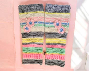 Boho Leg Warmers with Floral Applique – Pastel Striped Legwarmers – Boho Coquette Aesthetic Boot Cuffs