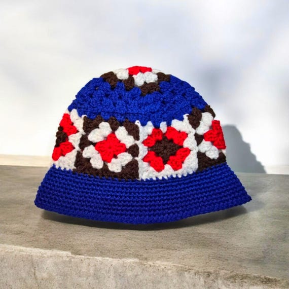 Elsbeth Inspired Hat, Granny Square Bucket Hat, Red White  display picture 1