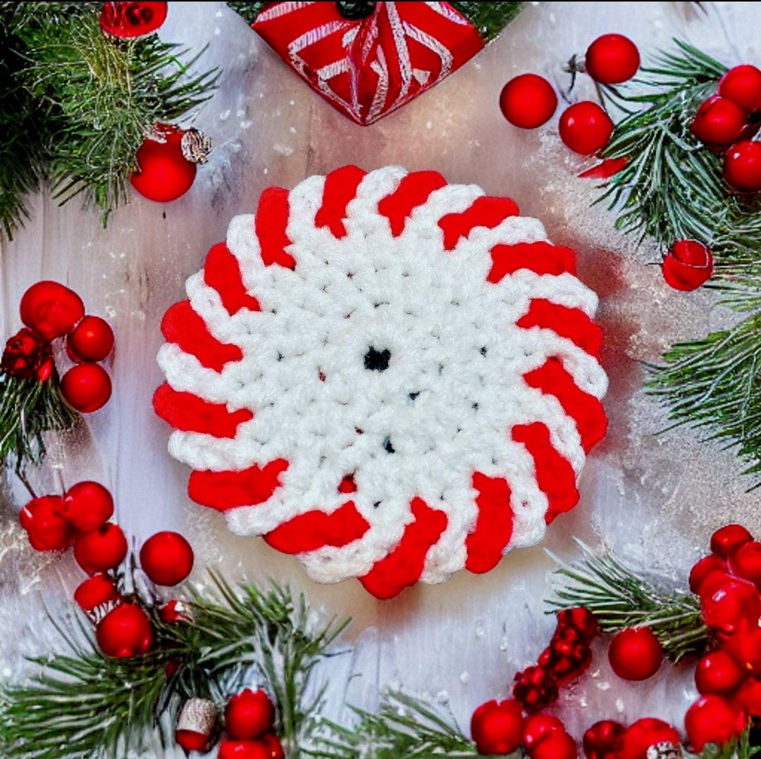 Crochet Christmas Coaster Set: Peppermint Candy Holiday Decor - Etsy