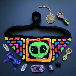 Alien crossbody bag, with granny squares and cathedral stained glass squares