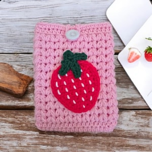 Strawberry Kindle sleeve, soft tablet cover, Unique crochet gift for readers and bookworms