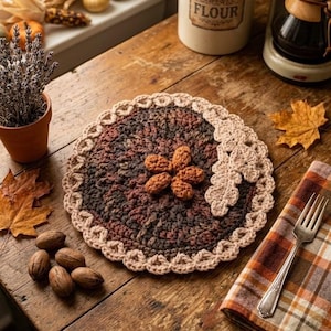 May include: A round, crocheted coaster or mat featuring a dark brown and maroon variegated center, a light beige scalloped border, a central orange flower-shaped embellishment, and a light beige crocheted leaf accent on the right side.