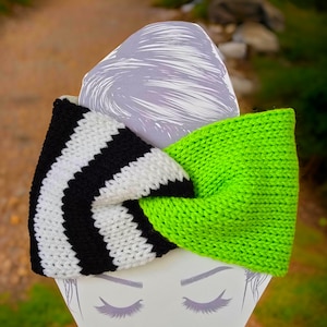 Black and White Striped Ear Warmer Headband, Knit Twist Headband, Halloween Costume Headband, Gothic Whimsical Winter Accessory
