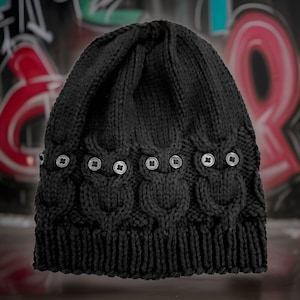 Black Knit Owl Beanie Hat – Medium Weight Handmade Winter Hat – Subtle Owl Design – Soft Stretchy Knit Cap – Unisex Gift for Owl Lovers