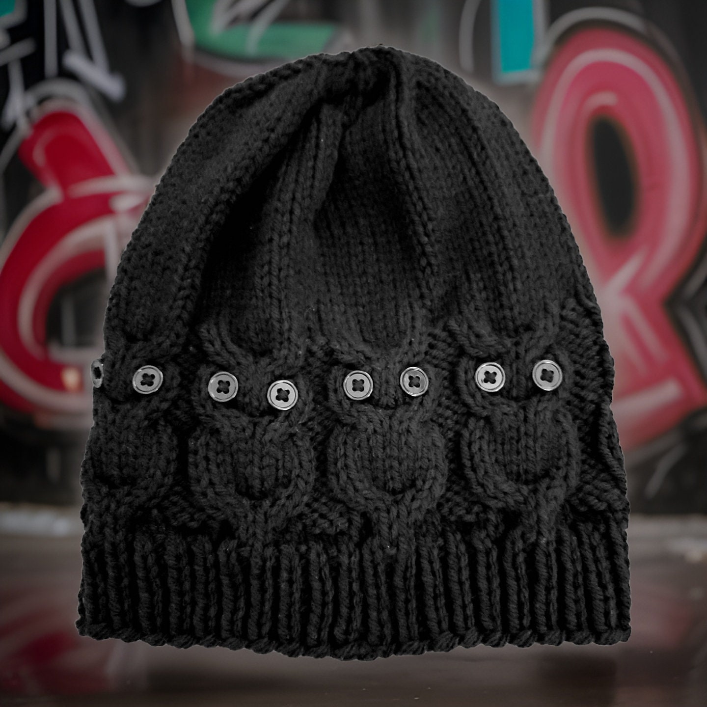 Owl Beanie Hat: Black Knit Slouchy Beanie with Button Eyes