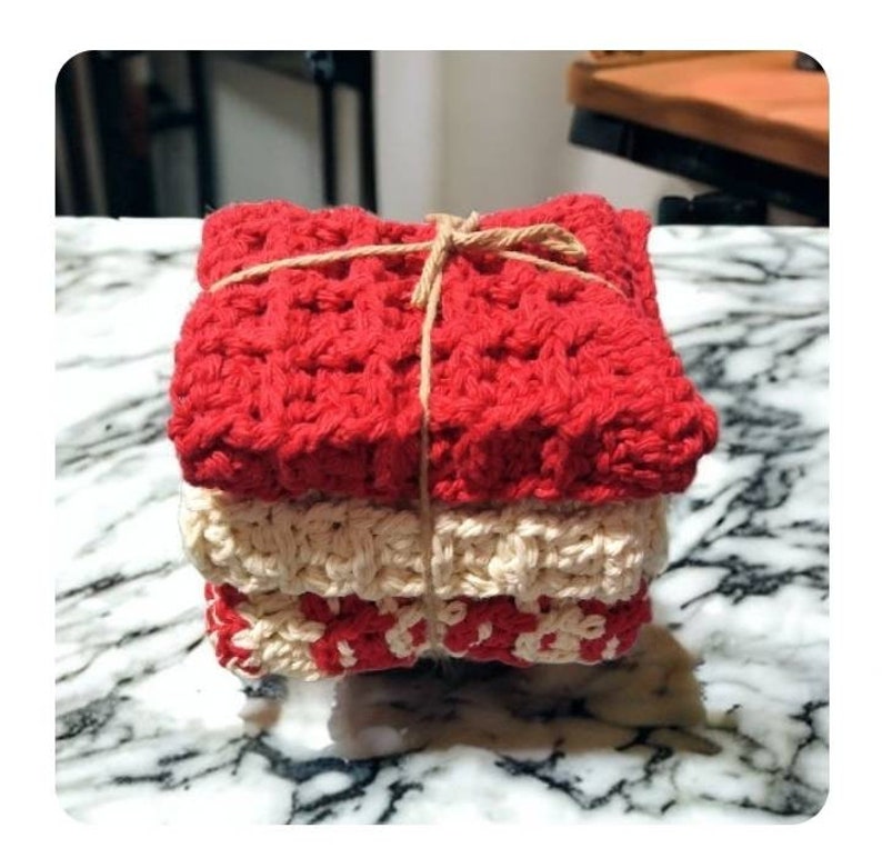 Farmhouse-style dishcloth washcloth set red cream image 1